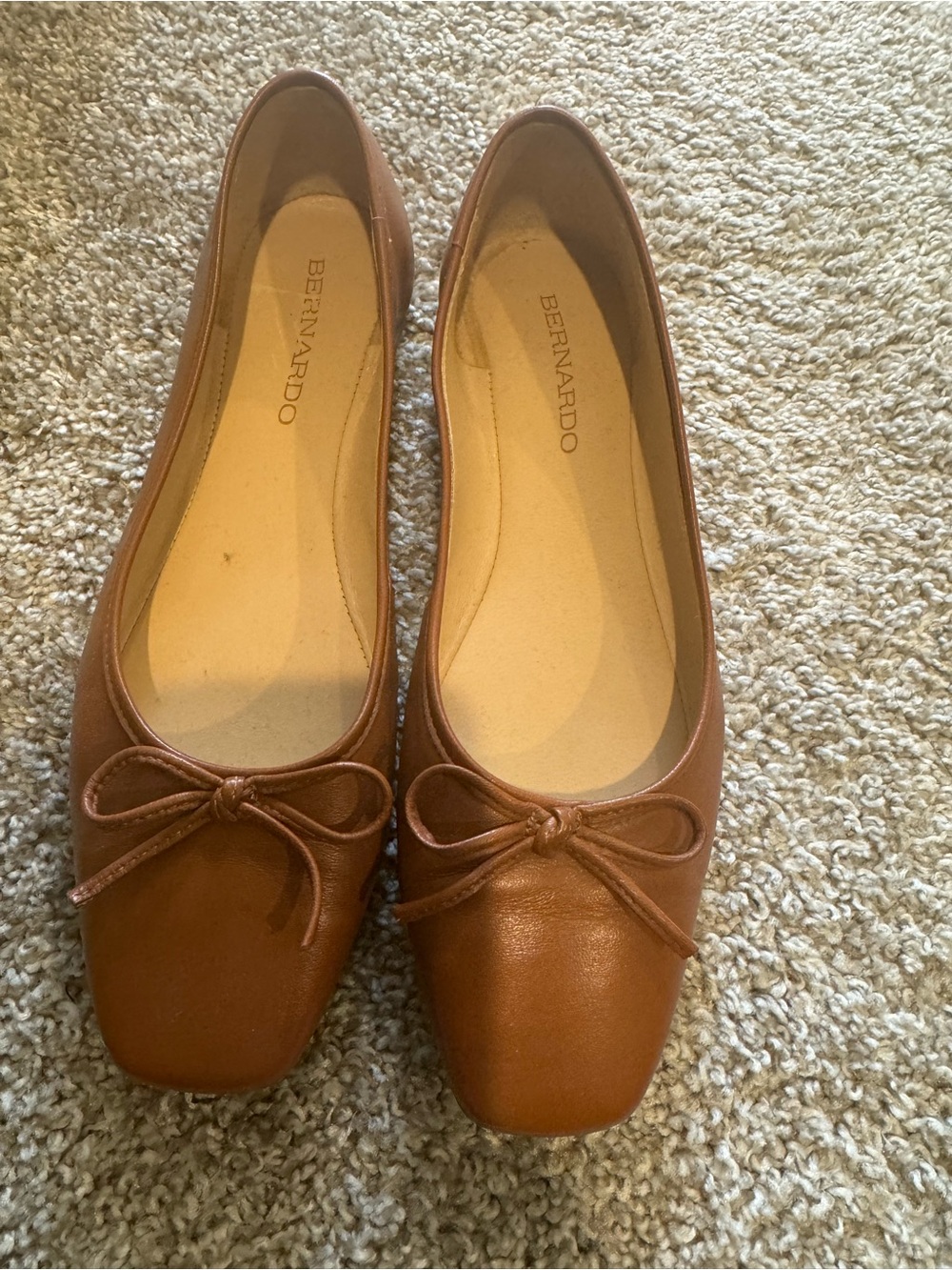 Bernardo Women's Tan Leather Ballet Flats with Bow Accent